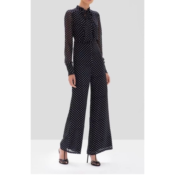 alexis davinia polka dot printed tie neck ruffle jumpsuit